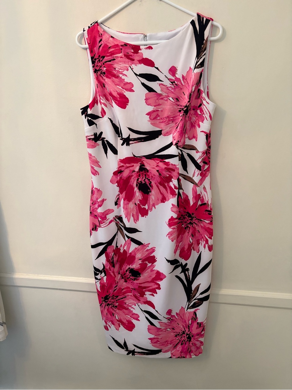 Maggie London Women’s Midi White And Pink Floral Dress  Fully Lined-Sz 14